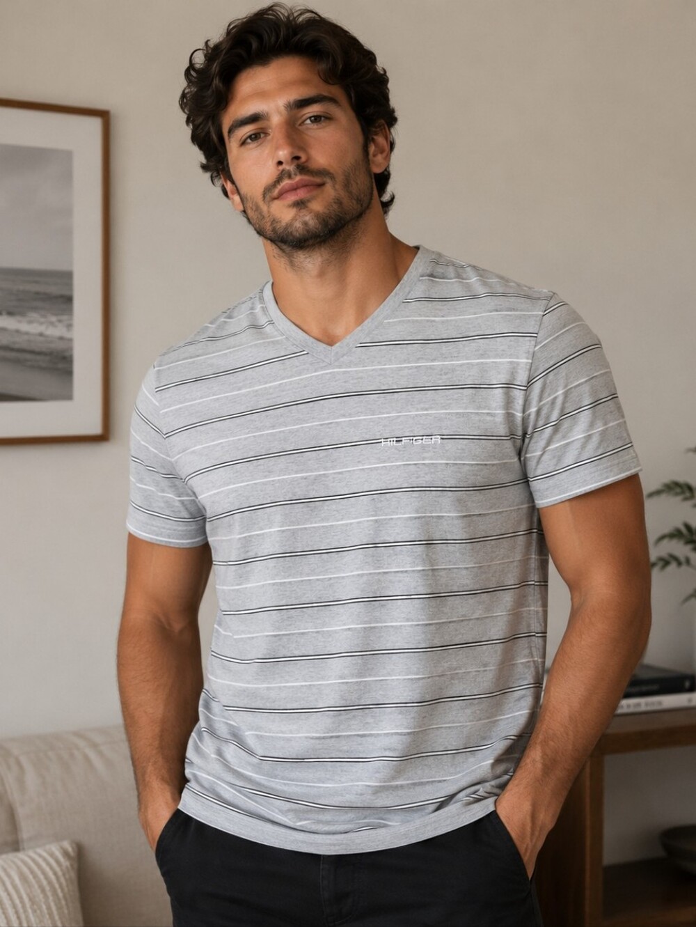 Tommy Hilfiger Men’s Gray Striped Crewneck T-Shirt